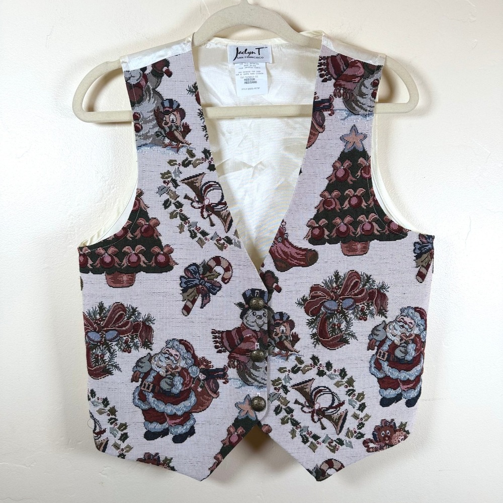 VTG 90s Jaclyn T Christmas Tapestry Vest Women Medium Santa Holiday Wreath Trees